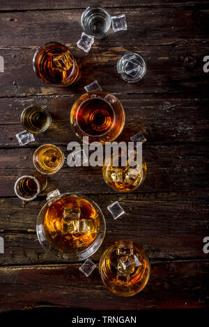 Sortiment verschiedene hart und stark alkoholische Getränke in verschiedenen Gläser: Vodka, Cognac, Tequila, Weinbrand, Whiskey, Grappa, Likör, Wermut, tinct Stockfoto