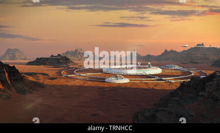 Kolonie auf dem Mars, erste Martian Stadt in der Wüste Landschaft auf dem Roten Planeten (3d-Abbildung) Stockfoto