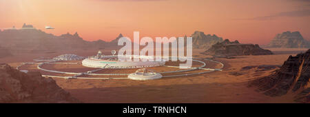 Kolonie auf dem Mars, erste Martian Stadt in der Wüste Landschaft auf dem Roten Planeten Stockfoto