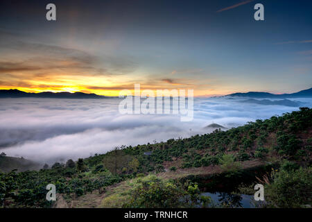 Phantasievolle Landschaft eines frühen Morgens, wenn die Sonne über den Dai Lao Berges Bereich ansteigt, Bao Loc Bezirk, Provinz Lam Dong, Vietnam Stockfoto