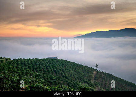 Phantasievolle Landschaft eines frühen Morgens, wenn die Sonne über den Dai Lao Berges Bereich ansteigt, Bao Loc Bezirk, Provinz Lam Dong, Vietnam Stockfoto