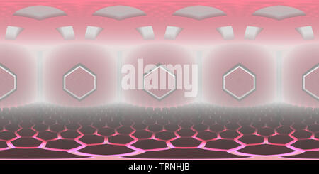 HDRI-Map, abstrakte sphärischen Umwelt panorama Hintergrund mit Sechskant Formen, Innenbeleuchtung Quelle Rendering (rosa 3d equirectangular Rendering) Stockfoto