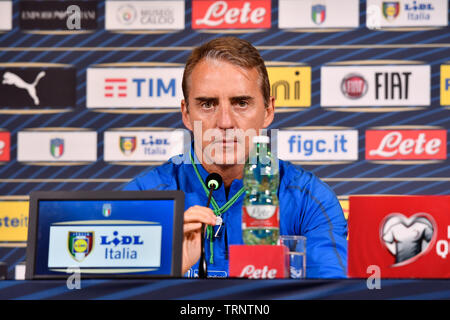 Roberto Mancini (commissario tecnico Italia) während der Pressekonferenz vor dem Spiel zwischen ITALIA und BOSNIEN ED ERZEGOVINA bei Juventus Stadion am 10 Juni, 2019 in Turin, Italien. Stockfoto