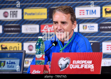 Roberto Mancini (commissario tecnico Italia) während der Pressekonferenz vor dem Spiel zwischen ITALIA und BOSNIEN ED ERZEGOVINA bei Juventus Stadion am 10 Juni, 2019 in Turin, Italien. Stockfoto