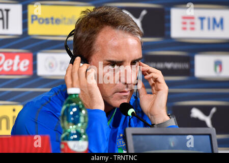 Roberto Mancini (commissario tecnico Italia) während der Pressekonferenz vor dem Spiel zwischen ITALIA und BOSNIEN ED ERZEGOVINA bei Juventus Stadion am 10 Juni, 2019 in Turin, Italien. Stockfoto