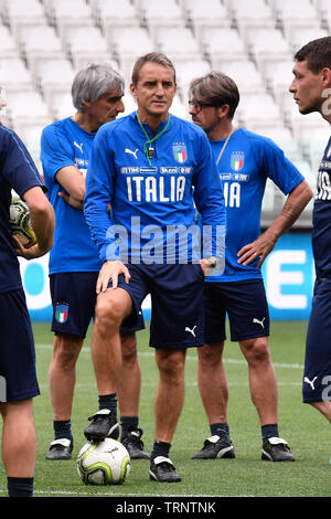 Roberto Mancini (commissario tecnico Italia) während der Pressekonferenz vor dem Spiel zwischen ITALIA und BOSNIEN ED ERZEGOVINA bei Juventus Stadion am 10 Juni, 2019 in Turin, Italien. Stockfoto