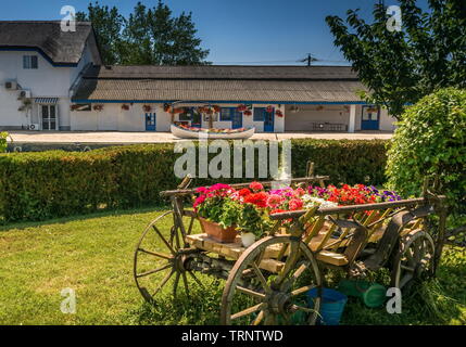 Gura Portitei, Donaudelta, Rumänien - Fischerdorf, Boot mit Blumen gefüllt Stockfoto