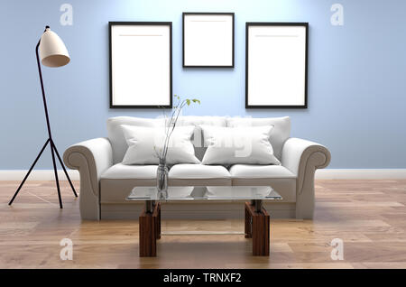 Modernes Wohnzimmer Innenraum - Blau Stil und Holzboden und Frames auf hellblau Wand Hintergrund - Zimmer mit Sofa und Kissen lampe Vase auf Glas Tabl Stockfoto