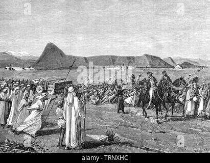 Die Prozession der Heiligen Stier, das Kalb einer Kuh, die nie in der Lage ist, nach dem anderen zu haben. Die Ägypter sind der Meinung, dass ein Blitz schlägt die Kuh vom Himmel, und bewirkt damit ihr die Apis zu begreifen. Sie wurden als die irdische Inkarnation eines Gottes zu sein und waren in Ägypten schon ab dem 25. Jahrhundert v. Chr. verehrt. Das Festival zu Ehren von Apis dauerte 7 Tage, während welcher Zeit eine große Menge von Menschen in Memphis sammeln würde. Die Priester, führte der heilige Stier in einer feierlichen Prozession durch die Massen von Menschen, die der Stier begrüßt, wie er weitergegeben. Stockfoto