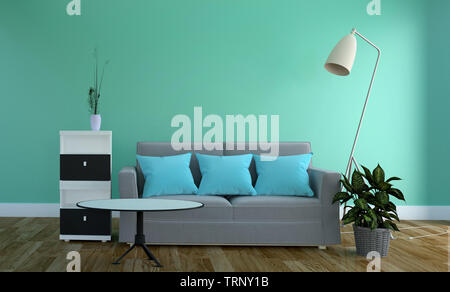 Grüne Minze Wand - Wohnzimmer mit Sofa, auf Holzboden. 3D-Rendering Stockfoto