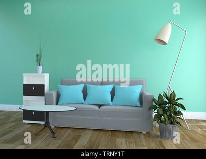 Grüne Minze Wand - Wohnzimmer mit Sofa, auf Holzboden. 3D-Rendering Stockfoto