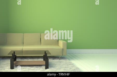 Wohnzimmer mit Sofa und Teppich gelb, hellblau Wand Hintergrund. 3D-Rendering Stockfoto