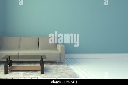 Wohnzimmer mit Sofa und Teppich Grau, Hellblau Wand Hintergrund. 3D-Rendering Stockfoto