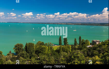 Blick auf den Balaton, mit Schnee-weißen Jachten an einem heißen Tag. Tihany. Ungarn Stockfoto