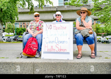 Senioren mit Protest Plakat anmelden, keine Pipeline Rallye, Creekside Park, Vancouver, British Columbia, Kanada Stockfoto