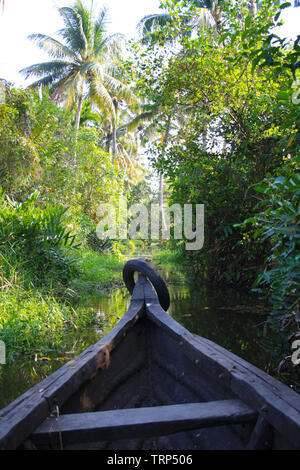 Kerala Backwater geführte Tour in einem hölzernen Kanu mit Meeresfrüchte fest und abgeschieden in der Natur von Indien Stockfoto