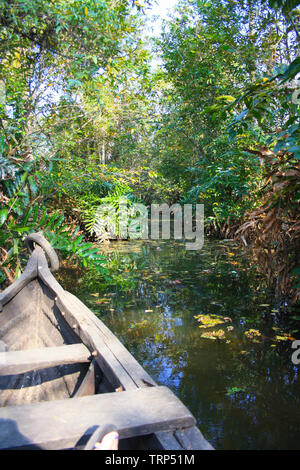 Kerala Backwater geführte Tour in einem hölzernen Kanu mit Meeresfrüchte fest und abgeschieden in der Natur von Indien Stockfoto