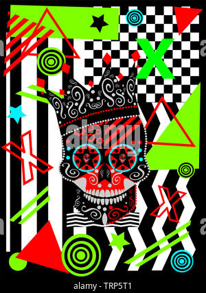 König Totenkopf mit bunten Neon pop art Zig Zag, Würfel und Streifen Hintergrund, Vektor Stockfoto