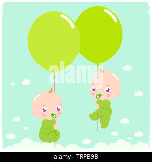 Niedliche neugeborene Zwillinge am Himmel mit grünen Ballons. Baby-Dusche-Party mit Ballons am Himmel. Stockfoto