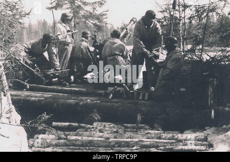 Deutsche Truppen in weißen Tarnanzüge mit einem 75-mm-Berg Haubitze auf der nördlichen Sektor der russischen Front 1943 Stockfoto