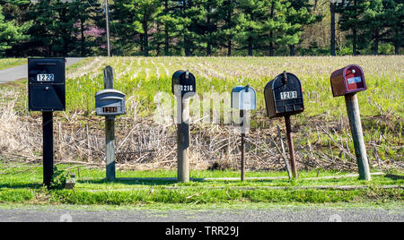 Reihe von Briefkästen im ländlichen mittleren Westen Collinsville Illinois USA. Stockfoto