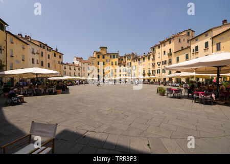 Piazza Anfiteatro, Amphitheater, Lucca, Toskana, Italien; mittelalterlicher elliptischer öffentlicher Raum, der auf den Ruinen eines römischen Amphitheaters erbaut wurde Stockfoto