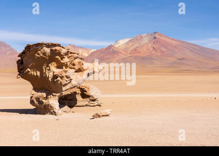 Eine Seitenansicht der Stein Baum (Arbol de Piedra), eine isolierte Felsformation in der Siloli Wüste, Teil des Altiplano von Bolivien. Stockfoto