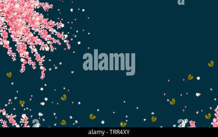 Der dunkle Hintergrund mit blühenden sakura Blumen und goldenen abstrakte Herzen dekoriert Stockfoto