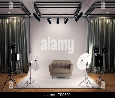 Studio BIg-modernen Film Studio mit weißen Bildschirm. 3D-Rendering Stockfoto