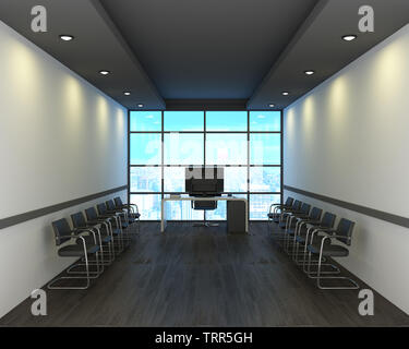 Büro in modernem Stil mit Holzfußboden, Blick auf die Stadt. 3D-Rendering Stockfoto