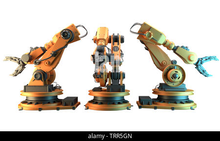 Roboterarm auf weißem Hintergrund. 3D-Rendering Stockfoto