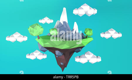 Low Poly Insel mit auf einem blauen Himmel. 3 D rednering Stockfoto