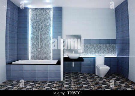 Helles Badezimmer Design Fliesen blau, modernen Stil. 3D-Rendering Stockfoto