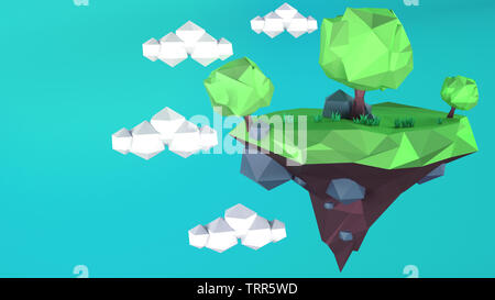 Low Poly Insel mit auf einem blauen Himmel. 3 D rednering Stockfoto