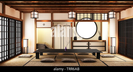 BIg roominterior Design in modernen Wohnzimmer mit schwarzer niedriger Tisch, Lampe, Vase, und Dekor Japanses Stil. 3D-Rendering Stockfoto