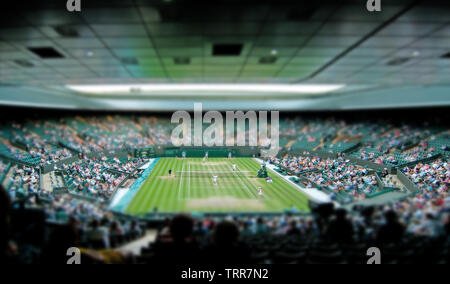 LONDON, GROSSBRITANNIEN, 12.Juli, 2018, Tilt Shift Wirkung von Wimbledon All England Tennis Club, Center Court, während Grand Slam ATP-Turnier 2018 Stockfoto