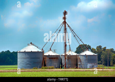 Industrielle noch künstlerische zylindrische Metall Silos auf Ackerland im Nordwesten von Mississippi Stockfoto