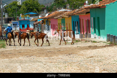 Cowboy führt eine Reihe von Pferden durch eine Straße mit Kopfsteinpflaster mit bunten Häusern in der Stadt Trinidad, Kuba, Karibik, gesäumt Stockfoto