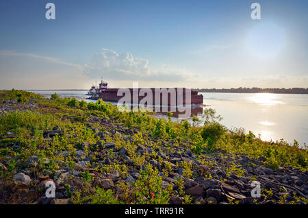 Blick vom Ufer eines beladenen Lastkahn Navigation des mächtigen Mississippi River mit Hilfe einer Tug Boat bei Sonnenuntergang in der Nähe von Greenville, Mississippi Stockfoto