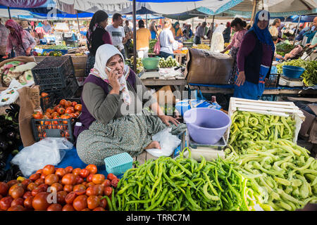 Die standbesitzer verkaufen Gemüse Chats auf Ihr Mobiltelefon während der Markt am Samstag, auch als Berivan Markt, Selcuk, Türkei bekannt Stockfoto