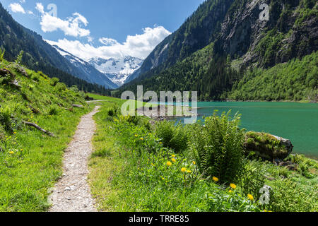 Idyllisches Ausflugsziel scenic im Sommer in den Alpen, in der Nähe von Stillup See, Naturpark Zillertaler Alpen, Österreich, Tirol Stockfoto