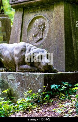 Skulptur von Lion der Hund, Chief Rollschuh auf dem Grab von Boxer/Faustkämpfer Tom Sayers Highgate West Friedhof, London, UK Stockfoto