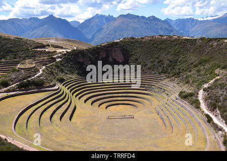 Blick auf die archäologische Stätte von Moray in der Nähe von Cusco, Peru Stockfoto