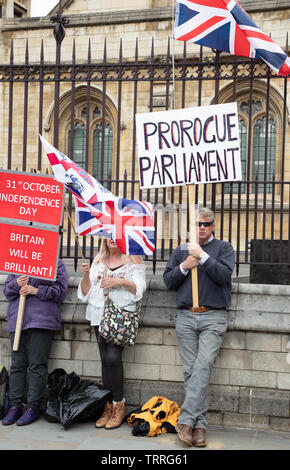 London, Großbritannien. Juni 2019. Demonstranten, die sich für den Brexit vor dem Parlament mit dem Union Jack eingesetzt haben, fordern eine Prorogation. Kredit: Joe Kuis / Alamy Nachrichten Stockfoto