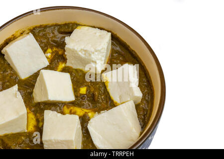 Palak Paneer oder Spinat und Frischkäse Curry Hauptgericht Rezept in Indien, serviert in einer Schüssel, isoliert. selektive Fokus Stockfoto