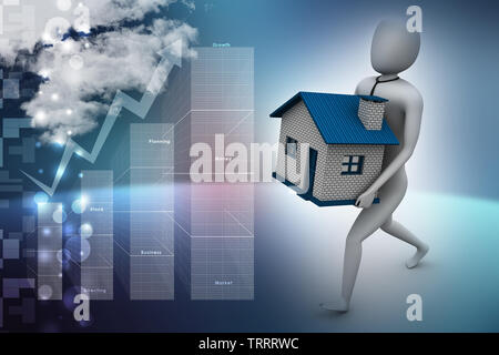 3D Mann halten Haus Stockfoto