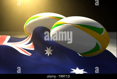 Zwei reguläre Rugby Bälle mit Farbe Design Elemente ruht auf einem drapiert Australien Flagge auf einem isolierten dunklen Studio Hintergrund - 3D-Rendering Stockfoto