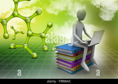3d Mann sitzt auf Bücher und Arbeiten an seinem Laptop Stockfoto