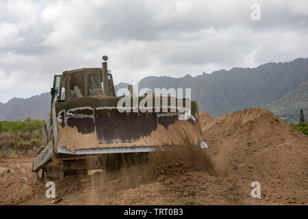 Ein US-Marine Medium Traktor Crawler zu Support Bereich zugeordnet, Marine Flügel unterstützt Loslösung (Mwsd) 24, gräbt ein Training, Marine Corps Training Bereich Blasebalg, 6. Juni 2019. Bekämpfung der Ingenieure ein panzergraben und berm Nutzung schwere Erde movers, während die Einheit auch Szenarien für taktische Konvoi Bewegungen mit simulierten Improvised Explosive Devices und Rollenspieler. Dieses Training unterstützt MWSD-24 Einsatzbereitschaft zu unterstützen, als in Übersee. (U.S. Marine Corps Foto von Sgt. Jesus Sepulveda Torres) Stockfoto