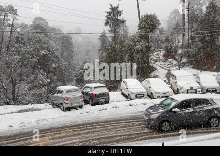 Banikhet, Dalhousie, Himachal Pradesh, Indien - Januar 2019. Folgen der schweren Schneefälle, die Straße und geparkte Autos sind mit Schnee bedeckt, Schneeflocke Stockfoto